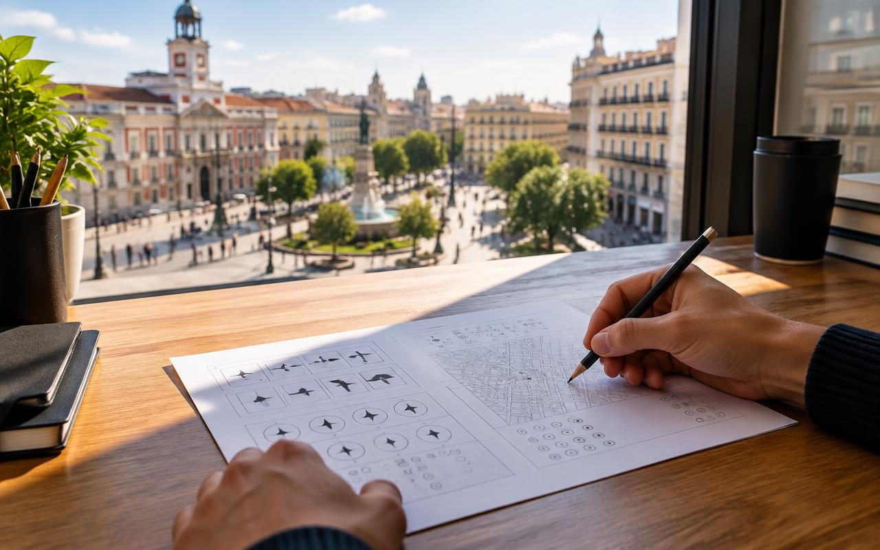 Aspirante estudiando ejercicios psicotécnicos en una plaza urbana