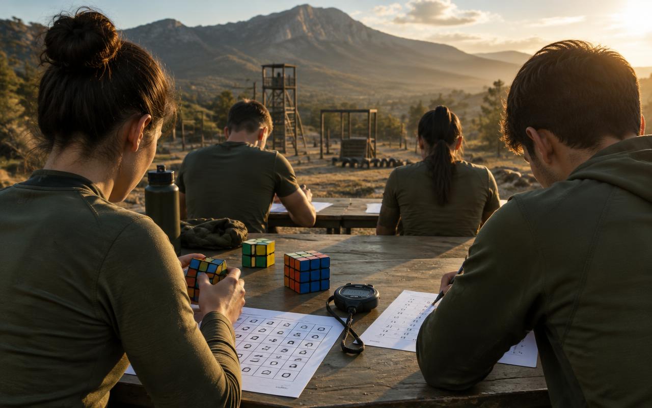 Aspirantes preparando pruebas espaciales con cubos y hojas de ejercicios en una mesa de entrenamiento