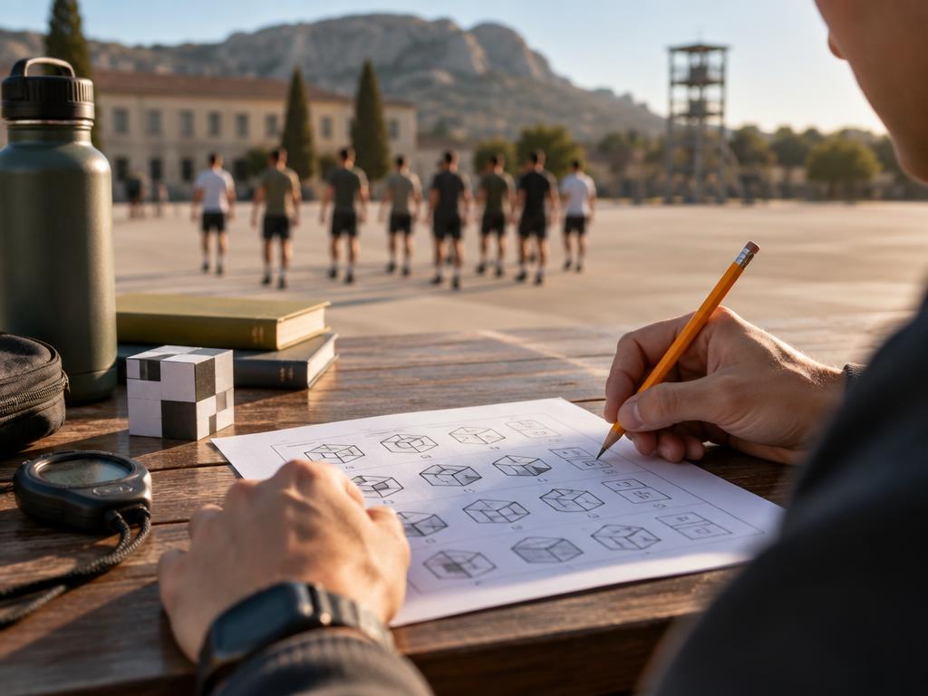 Aspirante resolviendo ejercicios espaciales junto a un campo de entrenamiento militar