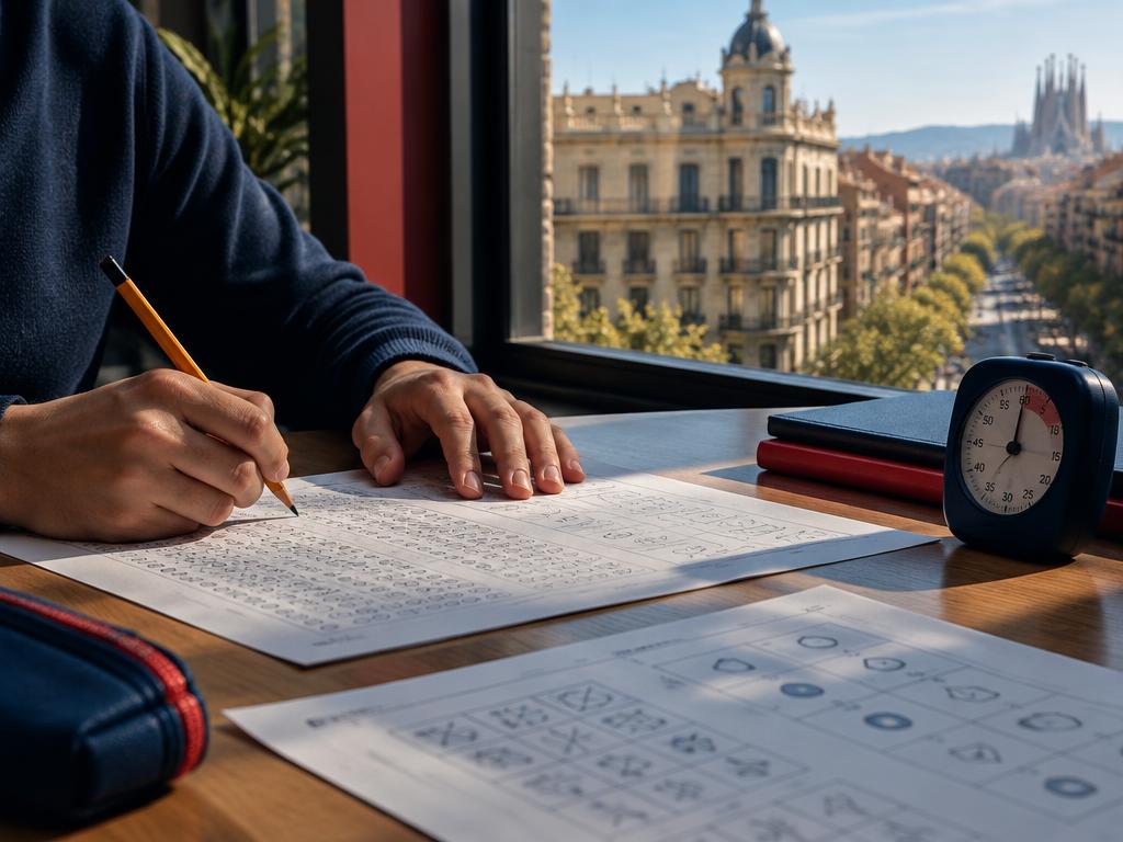 Preparación de psicotécnicos junto a una ventana en Barcelona
