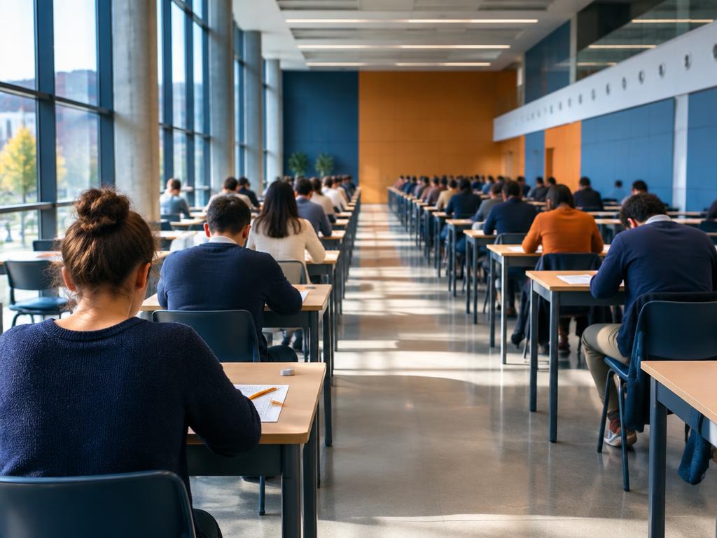Aspirantes realizando una prueba escrita en un aula de oposiciones
